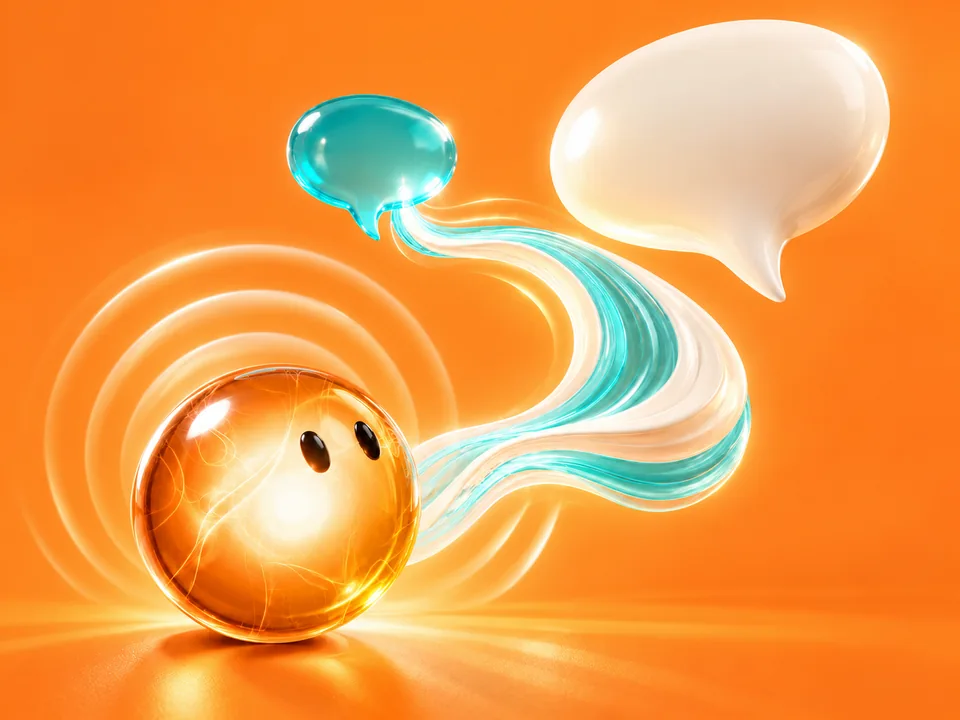 Illustration of the listening PharmaSNAP sphere with flowing sound ribbons and speech bubbles.