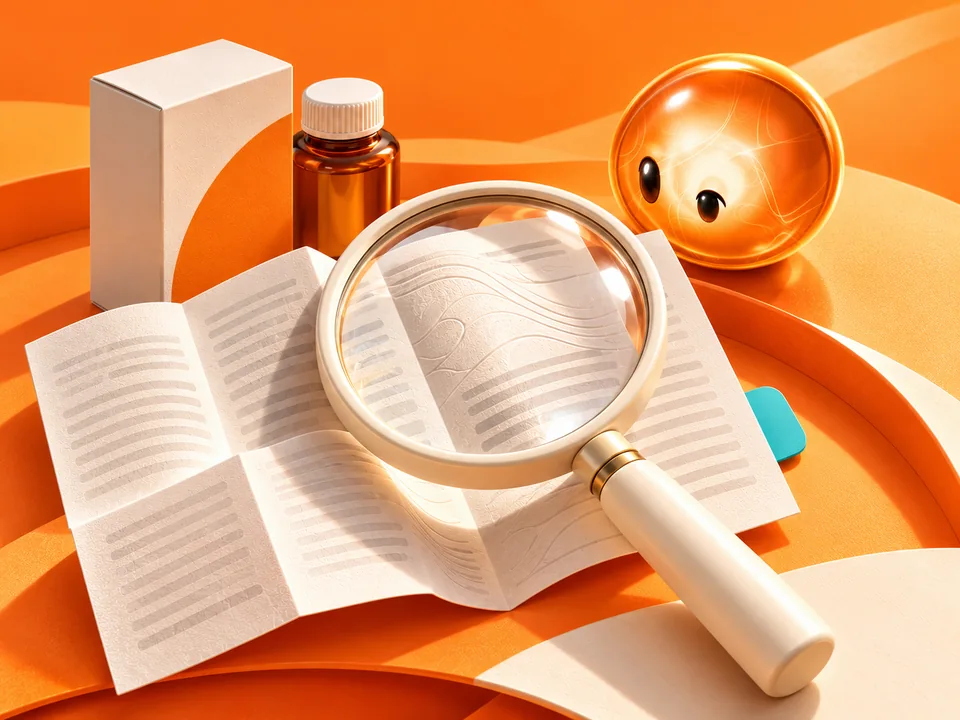Illustration of a magnifying glass over a medicine leaflet, watched by the curious PharmaSNAP sphere.