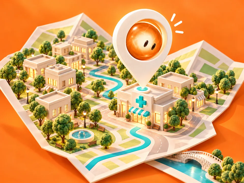 Illustrated neighbourhood with a pharmacy and the PharmaSNAP sphere inside a location pin. This is not a live map.
