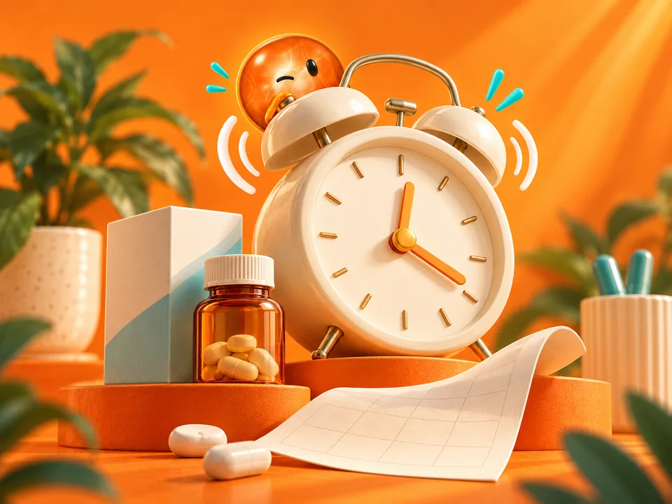 Illustration of an ivory alarm clock, medicine packaging and the cheeky PharmaSNAP sphere winking above a bell.