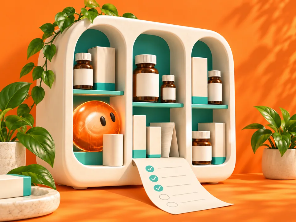 Illustration of an organised medicine cabinet, a dose-record checklist and the PharmaSNAP sphere peeking from a shelf.