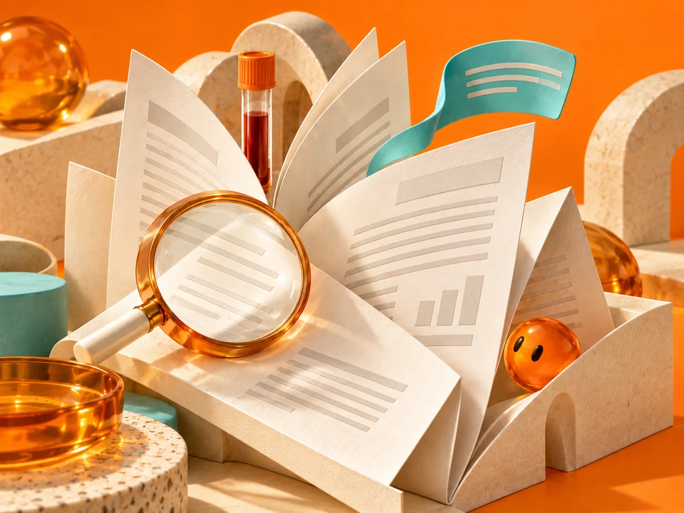 Illustration of results pages, a magnifier and a sample vial, with the curious PharmaSNAP sphere. The paper has no real health results.