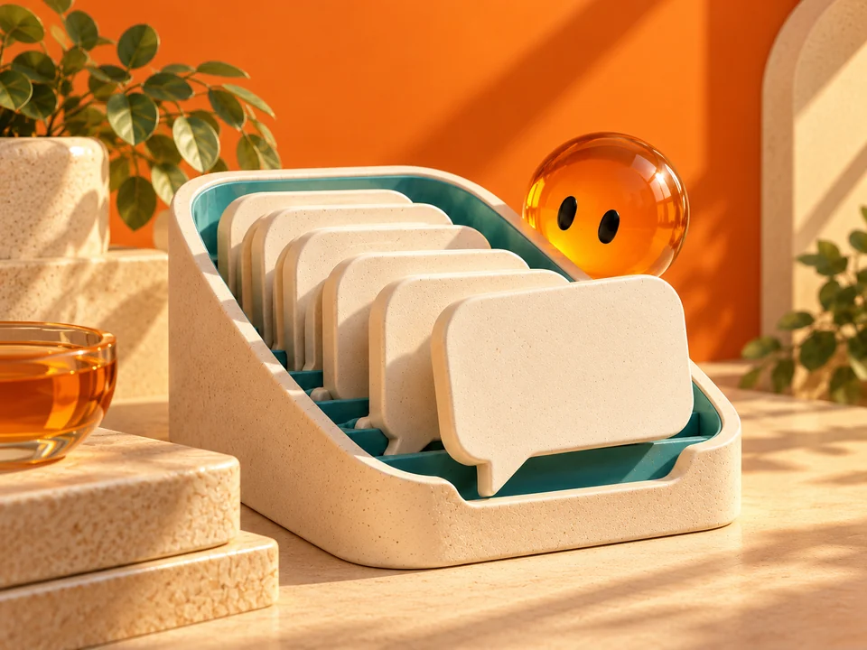 Illustration of conversation shapes organised in an ivory archive tray, with the PharmaSNAP sphere looking on.