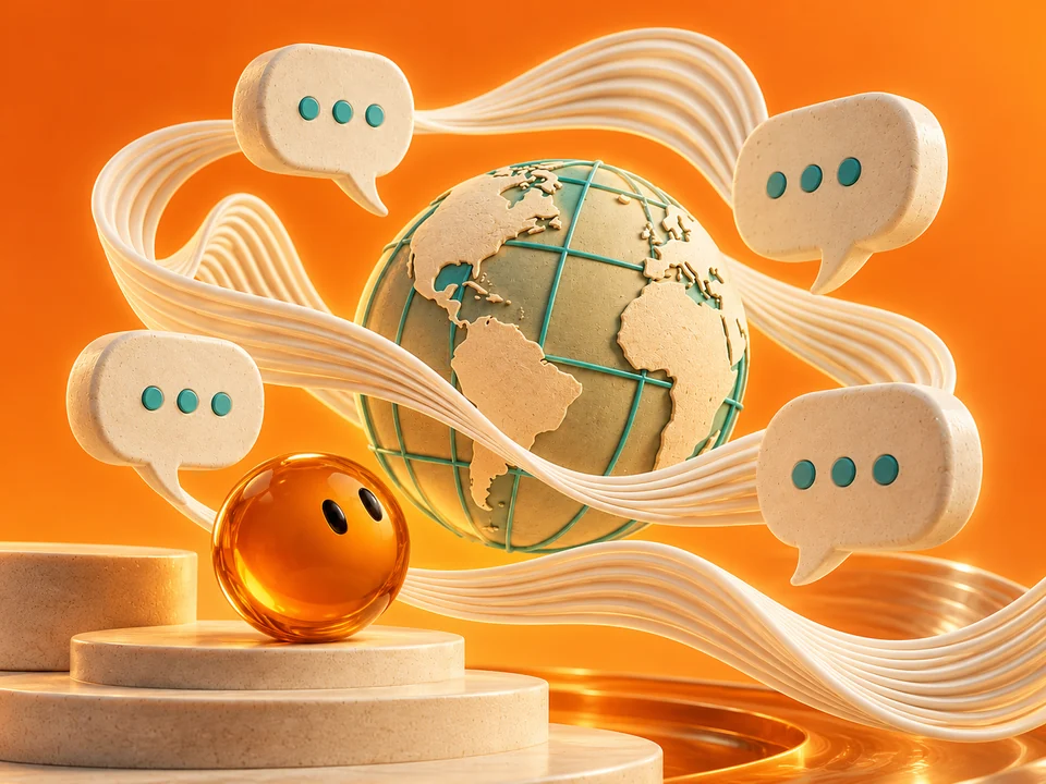 Illustration of a globe, speech shapes and flowing sound ribbons, with the listening PharmaSNAP sphere.