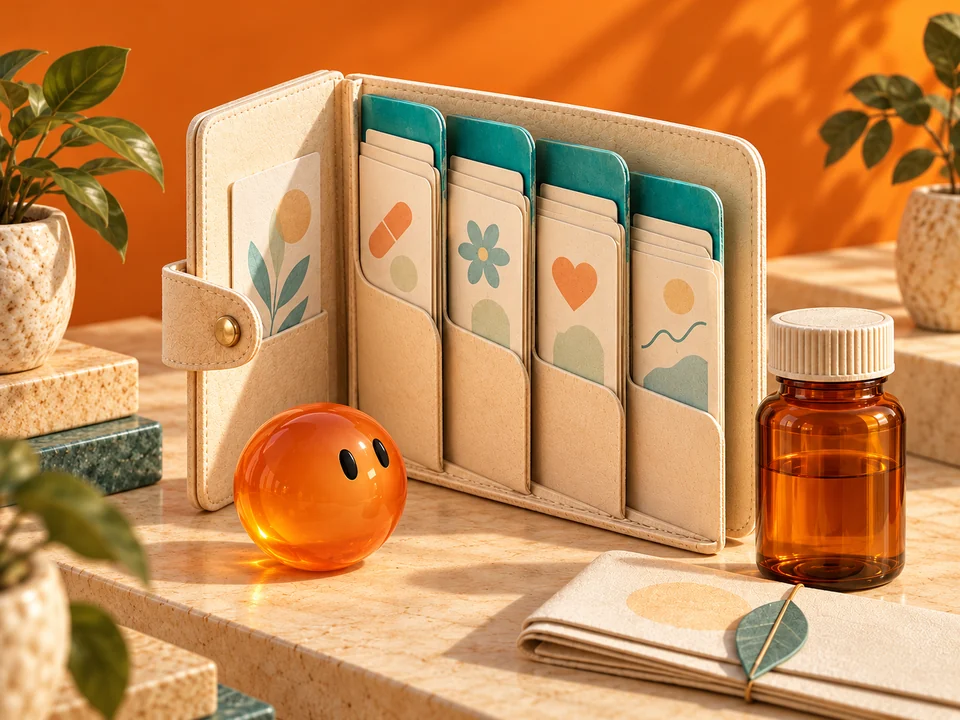 Illustration of an ivory health organiser with turquoise dividers, abstract cards, a medicine bottle and the attentive PharmaSNAP sphere. No personal records are shown.