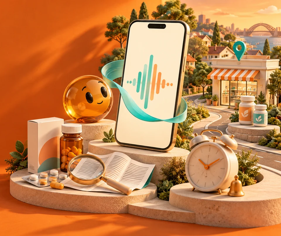 Illustration of the PharmaSNAP sphere beside a phone with speech waves, medicine packaging and a leaflet under a magnifier, a reminder clock, vitamins and a nearby pharmacy. The screen and neighbourhood are illustrative.