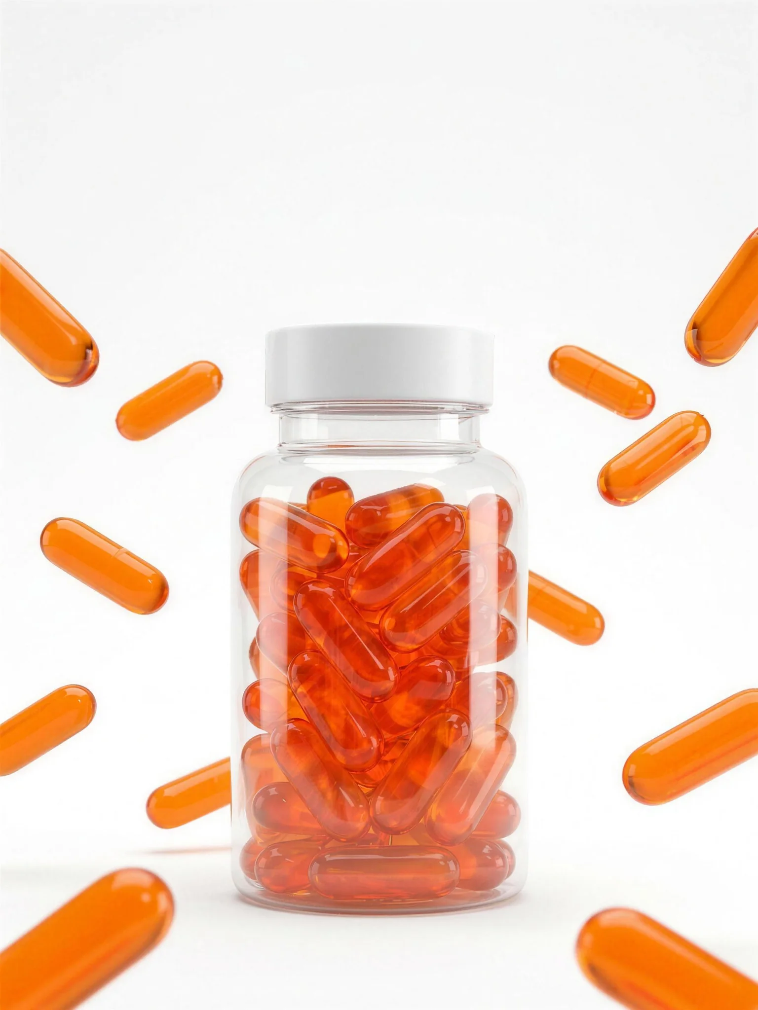 Orange capsules floating around a clear bottle.