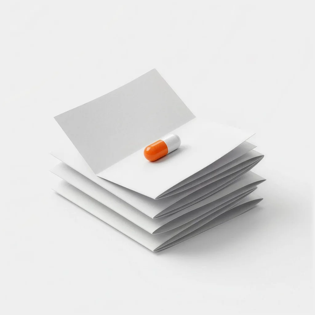 A stack of folded blank paper leaflets, the top one open, with an orange and white capsule resting on it.