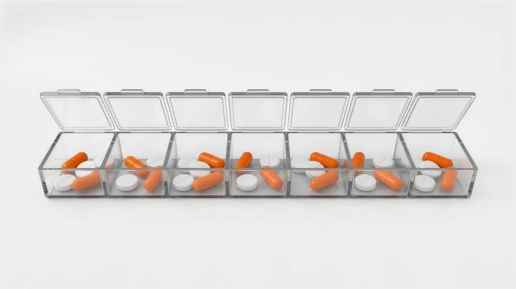 A clear seven-day pill organiser with every lid open, each compartment holding white tablets and orange capsules.