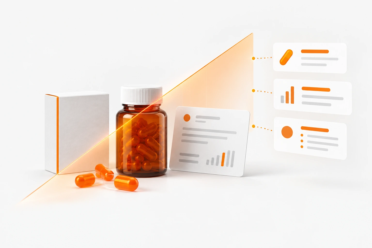 Medicine packaging and capsules passing through an orange scan plane, with structured information cards emerging on the other side.
