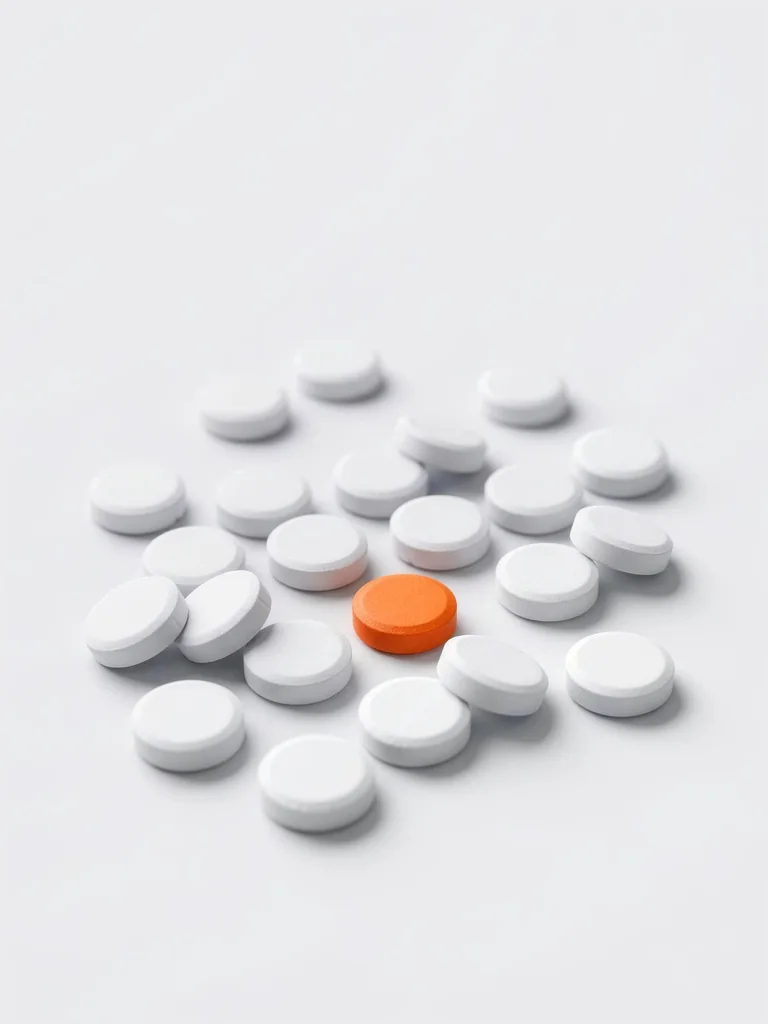 A scatter of plain round white tablets with a single orange tablet among them.